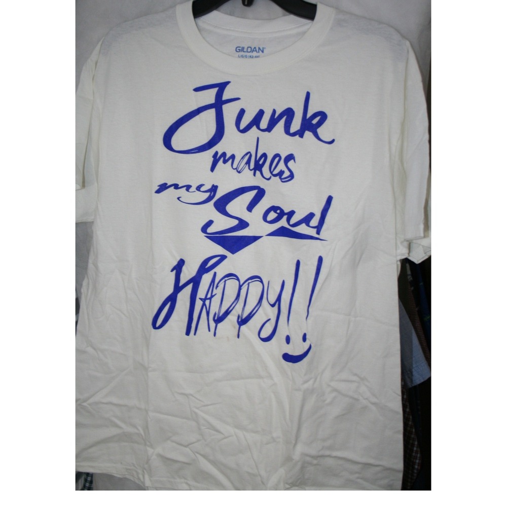 Gildan Junk Makes My Soul Happy Graphic T-Shirt White Blue Large